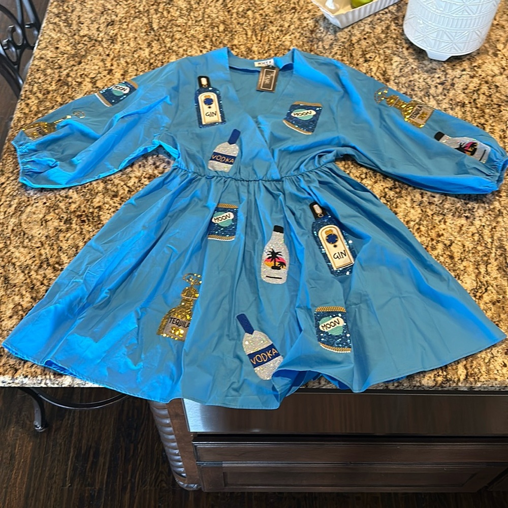 NWT WHY DRESS blue cotton dress with liquor bottles